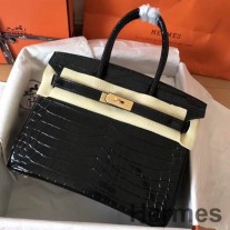 Hermes Birkin 30 Bag In Black Crocodile Porosus Shiny Skin