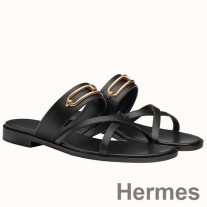 Hermes Claire Sandals In Black Calfskin