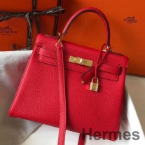 Hermes Kelly 32cm Bag In Red Clemence Leather GHW