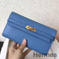 Hermes Kelly Classic Long Wallet In Blue Jean Epsom Leather