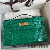 Hermes Kelly Pochette Handmade Bag In Vert Emerald Shiny Alligator Leather