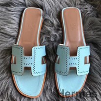 Hermes Oran Perforated Sandals In Blue Atoll Epsom Leather