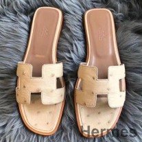 Hermes Oran Sandals In Beige Ostrich Leather