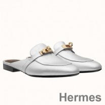 Hermes Oz Mules In Silver Metallic Calfskin