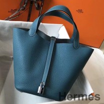 Hermes Picotin Lock 18 Bag In Blue Jean Clemence Leather
