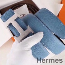 Hermes H Belt Buckle & Blue Clemence 32 MM Strap