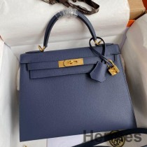 Hermes Kelly Sellier 28 Handmade Bag In Blue Saphir Epsom Calfskin