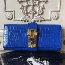 Hermes Medor Clutch Bag In Blue Crocodile Leather