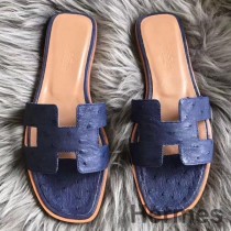Hermes Oran Sandals In Blue Ostrich Leather