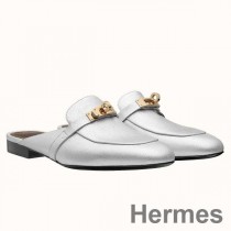 Hermes Oz Mules In Silver Metallic Calfskin