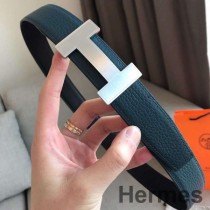 Hermes Quizz 32mm Reversible Belt In Blue Clemence Leather