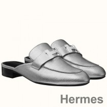 Hermes Trocadero Mules In Silver Nappa Leather