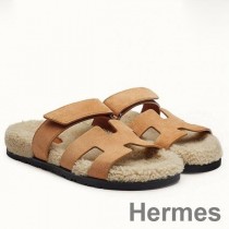 Hermes Women's Chypre Sandals in Beige Suede with Shearling