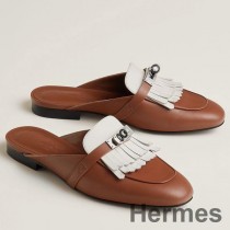 Hermes Women's Oz Mules with Fringed in Brown/White Leather