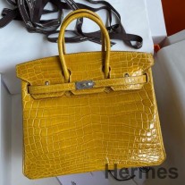 Geanta Hermes Birkin 25 lucrata manual cu piele stralucitoare de crocodil galben Niloticus