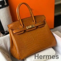 Geanta Hermes Birkin 25cm Din Piele De Crocodil Imprimata Auriu