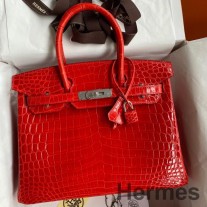 Geanta Hermes Birkin 30 lucrata manual cu piele stralucitoare de crocodil rosu Niloticus