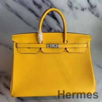 Geanta Hermes Birkin 40 lucrata manual din piele galbena Clemence