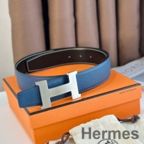 Cureaua reversibila Hermes Constance 38MM din piele albastra Clemence