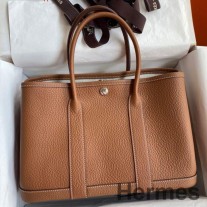 Geanta Hermes Garden Party 30 lucrata manual din piele Negonda aurie