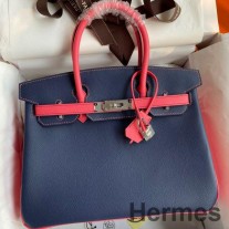 Geantă bicoloră Hermes HSS Birkin 30 din piele de vițel Epsom Saphir albastru și ruj trandafir