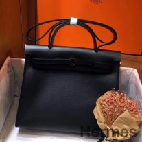 Geanta Hermes Herbag Zip 31cm Din Piele Neagra Si Toile