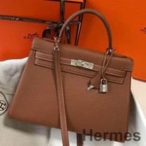 Geantă Hermes Kelly de 32 cm, din piele Clemence aurie PHW