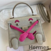 Geantă pentru păpuși Hermes Kelly din piele de aligator mat perla gri