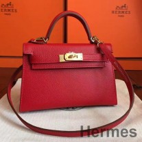 Geanta Hermes Kelly Mini II lucrata manual din piele rosie Epsom