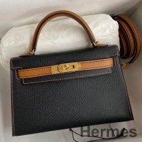 Geanta Hermes Kelly Mini II Sellier bicolora lucrata manual din piele de vitel Epsom neagra si aurie