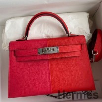 Geantă Hermes Kelly Mini II Sellier tricoloră din piele de vițel Epsom roșu/rose Extreme/albastru