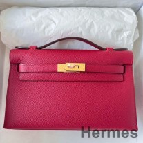 Geanta Hermes Kelly Pochette lucrata manual din piele de vitel Epsom Rouge Grenat