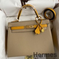 Geanta Hermes Kelly Sellier 28 bicolora in trench si piele de vitel Epsom galbena