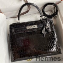 Geanta Hermes Kelly Sellier 28 lucrata manual cu piele stralucitoare de crocodil negru Niloticus