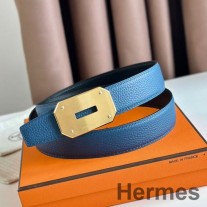Cureaua reversibila Hermes Neo 32MM din piele albastra Clemence