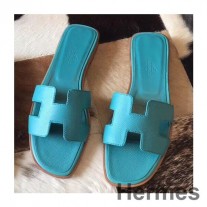 Sandale Hermes Oran Din Piele Albastra Paon Epsom