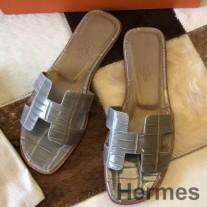 Sandale Hermes Oran În Crocodil Niloticus Gri strălucitor