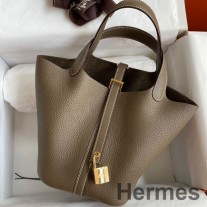 Geanta Hermes Picotin Lock 18 lucrata manual din piele Taupe Clemence