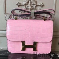 Geanta de crocodil Hermes Pink Constance MM 24cm