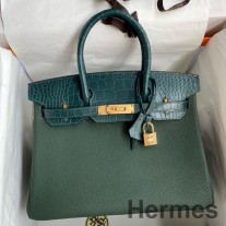 Geanta Hermes Touch Birkin 30 din piele Clemence verde si piele mata de aligator