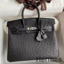 Geanta Hermes Birkin 25 Retourne lucrata manual din piele de strut neagra