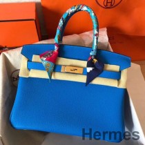 Geanta Hermes Birkin 30 lucrata manual din piele albastra Clemence