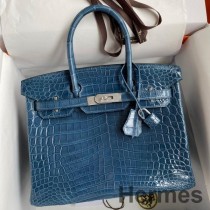 Geanta Hermes Birkin 30 Handmade In Piele Lucioasa De Crocodil Tempete Niloticus Albastru