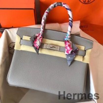 Geanta Hermes Birkin 30 lucrata manual din piele Clemence gri perla