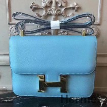 Geantă din piele Epsom Hermes Blue Atoll Constance MM 24 cm