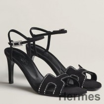 Sandale Hermes Heden 80 din piele intoarsa neagra cu stras