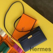 Portofel Hermes Kelly Classique To Go din piele de vițel Epsom albastru închis