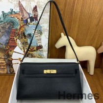 Geanta Hermes Kelly Elan lucrata manual din piele neagra Chevre Mysore