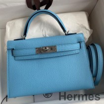 Geanta Hermes Kelly Mini II Sellier lucrata manual din piele de vitel Celeste Epsom
