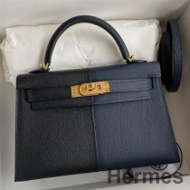 Geantă Hermes Kelly Mini II Sellier tricoloră din piele de vițel neagră/albastru indigo/roșu